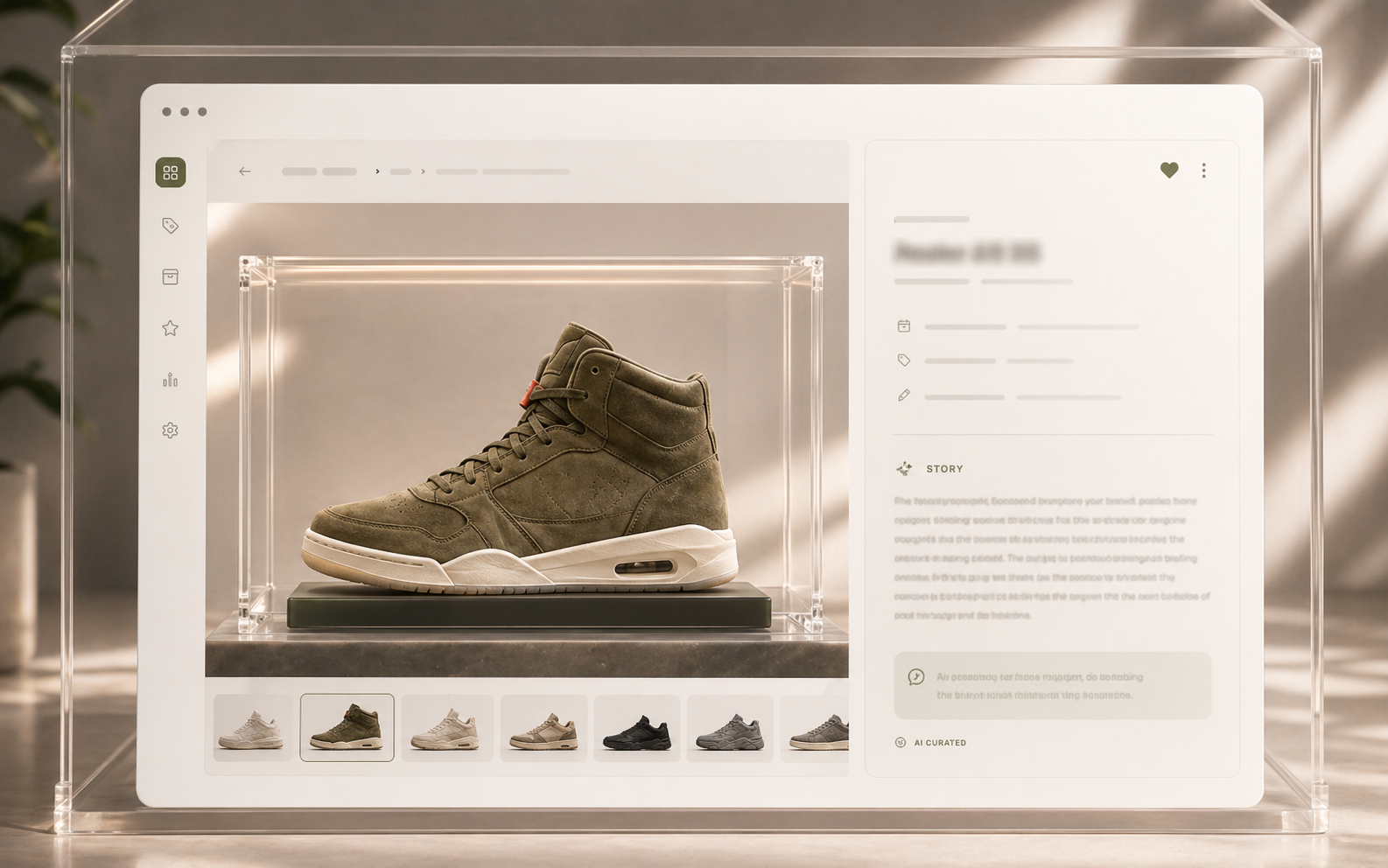 A polished sneaker detail interface with an AI-assisted story panel