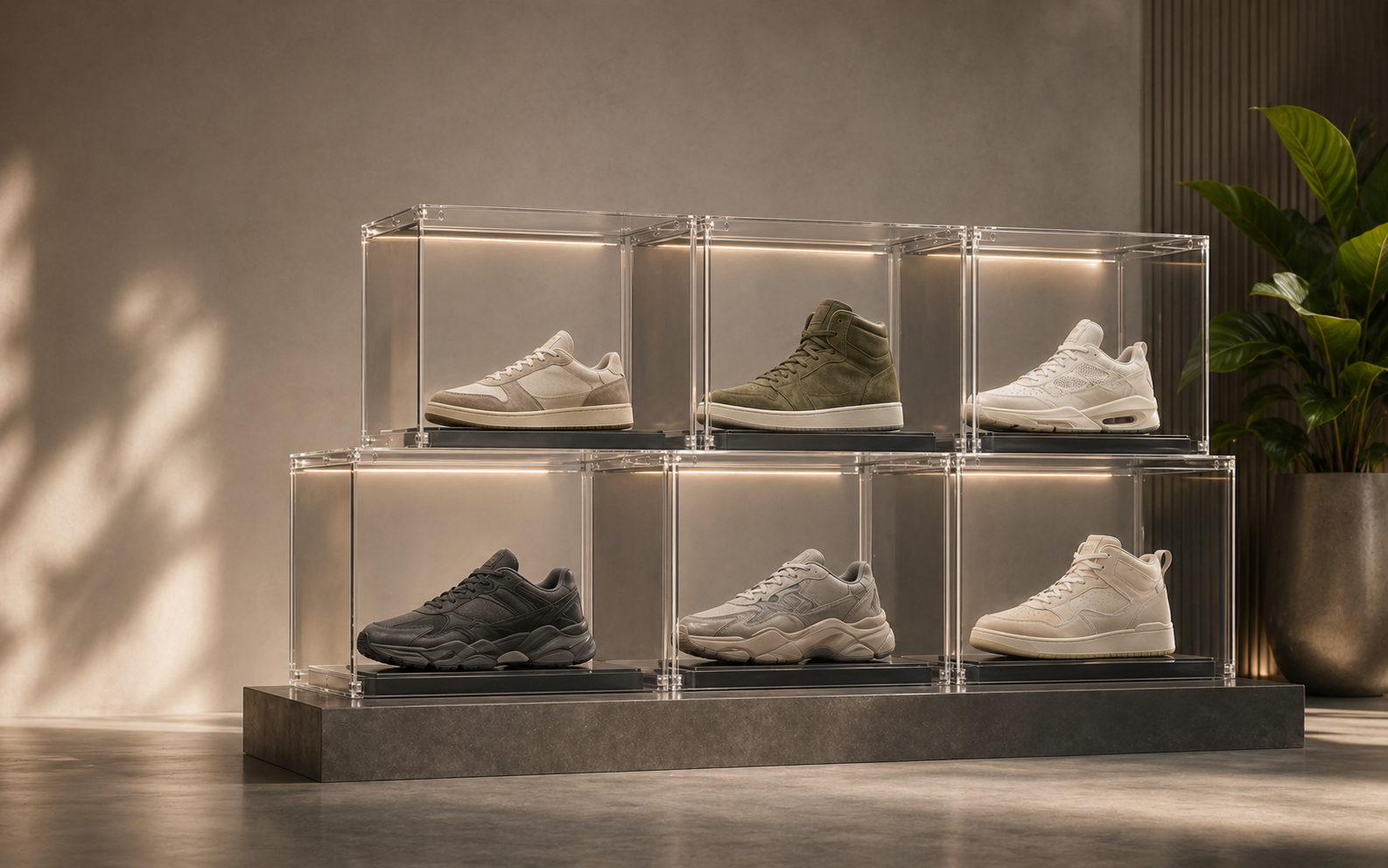 Logo-free sneakers displayed in transparent gallery boxes